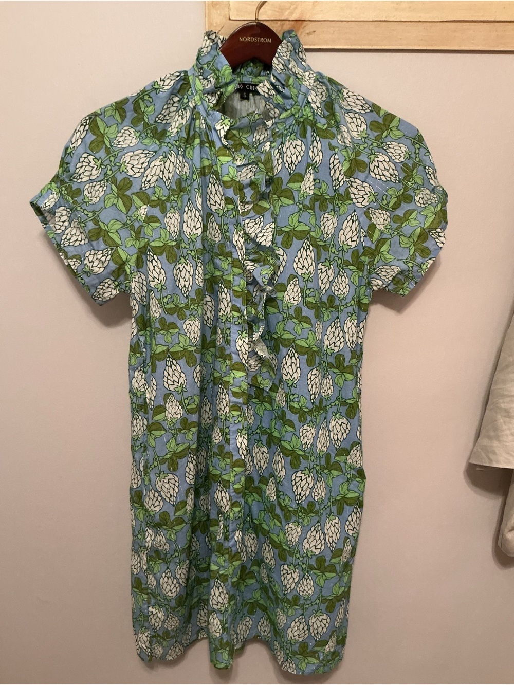 Boho Chic Floral Print Ruffle Placket Dress, Women’s Small - Blue, Green & White